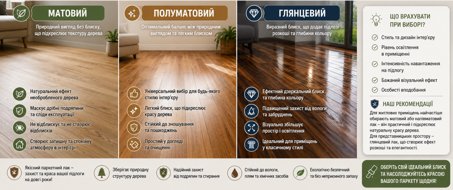 Матовый, полуматовый или глянцевый паркетный лак
