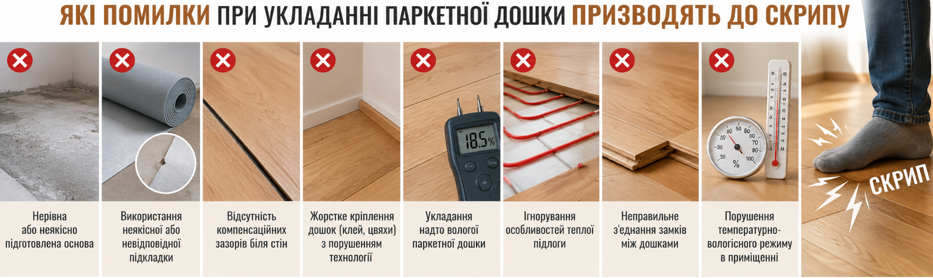Які помилки під час укладання паркетної дошки призводять до скрипу