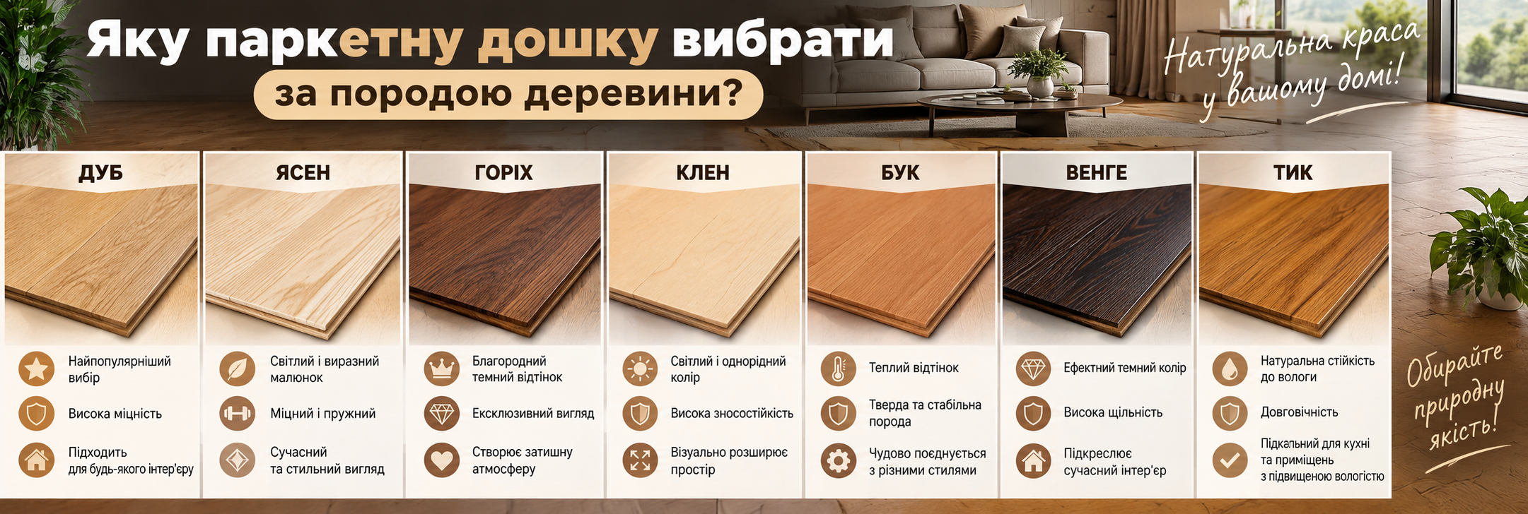 Яку паркетну дошку вибрати за породою деревини